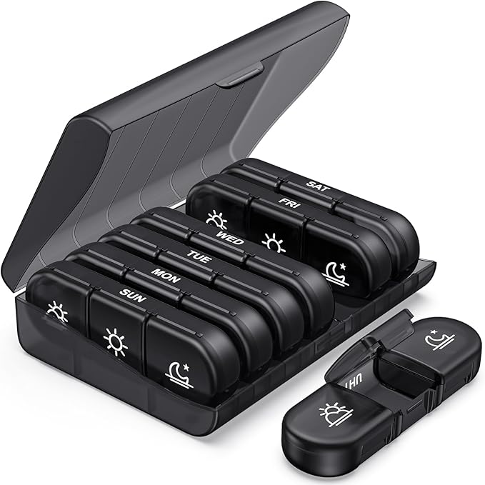 PULIV Weekly Pill Organizer 3 Times a Day, Portable Travel Pill Box 7 Day with Large Pill Containers, Light-Proof Pill Case for Vitamins, Medication, Supplements and Fish Oils (Black)
