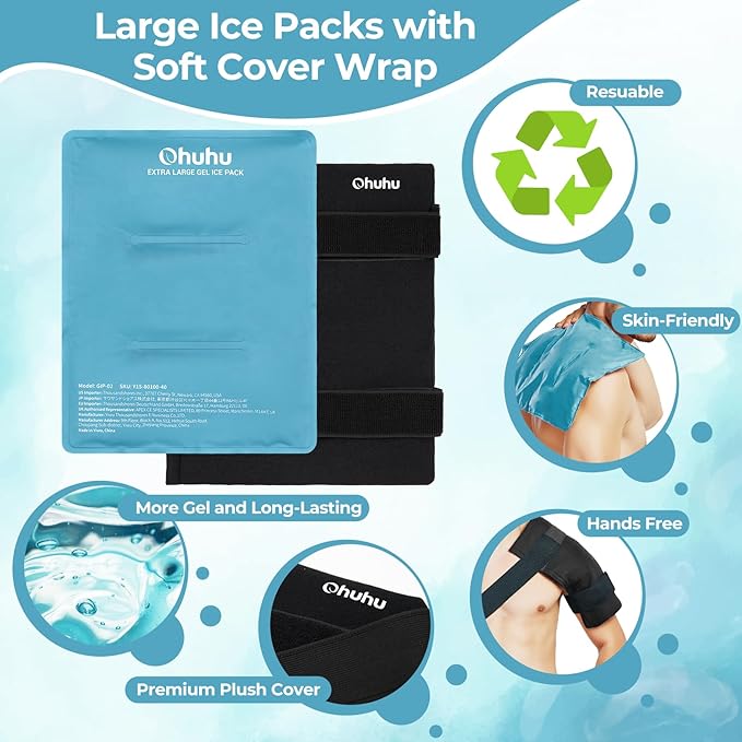 Ice Packs for Injuries 14" X 11": Ohuhu 2 Pack Hot Cold Gel Ice Pack X-Large Reusable Ice Packs with Wrap Flexible Pain Relief for Shoulder Legs Knee Back Hip Aches Injury Muscle Pain-Light Blue