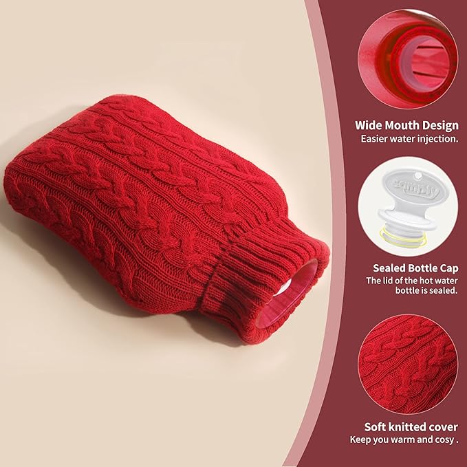 samply Hot Water Bottle with Knitted Cover, 2L Hot Water Bag for Hot and Cold Compress, Hand Feet Warmer, Ideal for Menstrual Cramps, Neck and Shoulder Pain Relief,Red