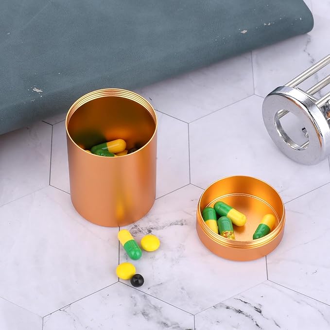 Portable Metal Small Pill Case, Round Aluminium Alloy Pill Holder Pocket Small Pill Box Waterproof Medicine Organizer Bottle Container for Travel Outdoor Vitamin Fish Oils(Gold)