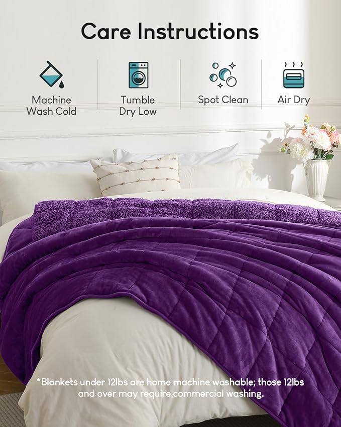 Cottonblue Weighted Blanket 15 lbs for Adults, Flannel Shaggy Sherpa Weighted Blanket for Queen Bed Comfort Weighted Blankets for Calming and Relax, Bed Sofa Heavy Blankets, 48x72 inches, Purple
