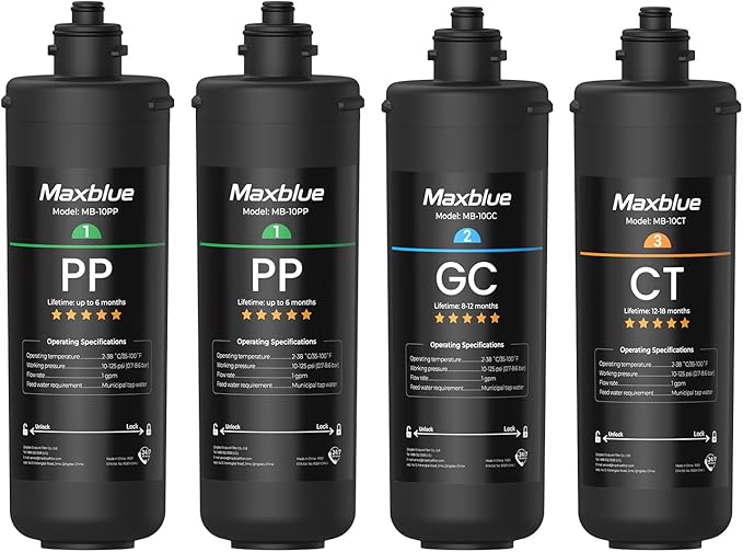 Maxblue TSA 3-Stage Water Filter Replacement, 𝟏 𝐘𝐞𝐚𝐫 𝐂𝐨𝐦𝐩𝐨 𝐏𝐚𝐜𝐤, Replacement for Waterdrop TSA & TSB 3-stage Under Sink Water Filtration System, 2PP+GC+CT, Easy to Install