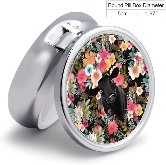 Steer Floral Pill Box Travel Pill Case for Purse Pocket Weekly Medicine Organizer with Mirror 3 Compartment Round Medicine Case Portable PillcaseHolder for Daily