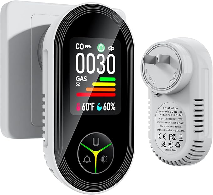 Carbon Monoxide Detectors Plug in, 4-in-1 Gas & CO Detector, Natural Gas, Propane & Methane Alarm with Digital Display (PPM, °F, Humidity), Plug & Play for Home, RV, Apartment & Travel