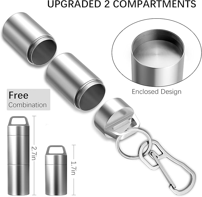 Small Pill Case (2 Compartments Design), Portable Metal Pill Holder Keychain, Waterproof Pill Box Container Mini Stainless Steel Pill Organizer for Travel Purse Pocket