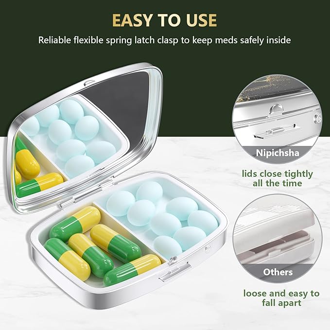 Nipichsha Pill Box, Small Pill Case for Purse & Pocket, Cute Travel Medicine Organizer, Portable Medicine Container Holder to Hold Vitamins, Medication, Fish Oil & Supplement, Dark Green Marble