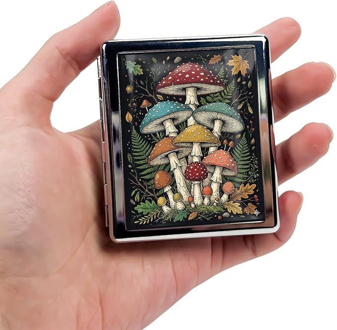 Metal 7 Day Pill Organizer, Weekly Pill Case with 8 Compartments, Travel Pill Box for Purse & Pocket, Small Medicine & Vitamin Organizer with PP Dividers (Mushroom Forest)