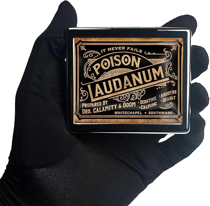 Silver Vintage Pill Box 7 Day Metal Pill Box with Mirror and 8 Compartments Cute Travel Pill Organizer for Purse (Poison Laudanum)