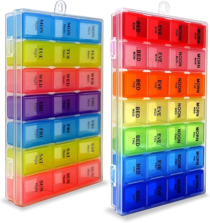 7 Days Pill Holder Organizer Tablet Box Weekly Medication Case Daily AM Morning Noon PM Night Container Compartments Detachable Dispenser (819 N 6018)