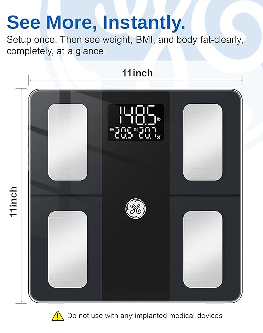 GE Smart Scale for Body Weight and Fat, Digital Bathroom Scales BMI Body Fat - Bluetooth 13 Body Composition Monitor for Muscle Mass People with App, Accurate 400lb Weighing, Rechargeable-Black