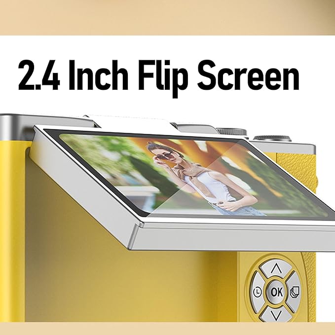48MP Digital Camera, 1080P Video Camera, 8X Zoom, 2.4 Inch HD Flip Screen, LED Fill Light, Long Battery Life, with Multiple Functions for Entertaining Photography (Yellow)