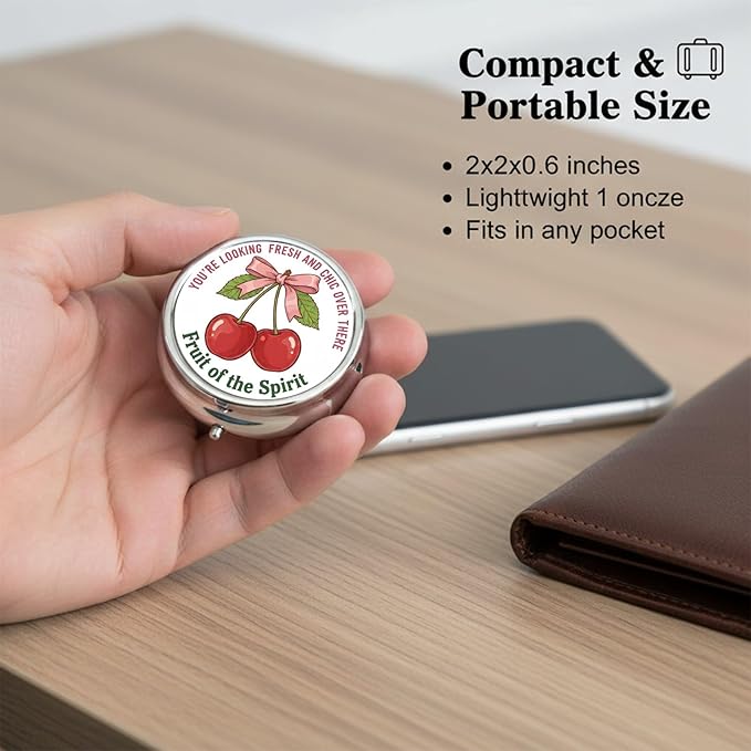 Round Pill Case Small Pill Box with Mirror Pocket 3 Compartment Vitamin Pill Medicine Case Organizer Pill Containers for Traveling Cherry Bow Positive
