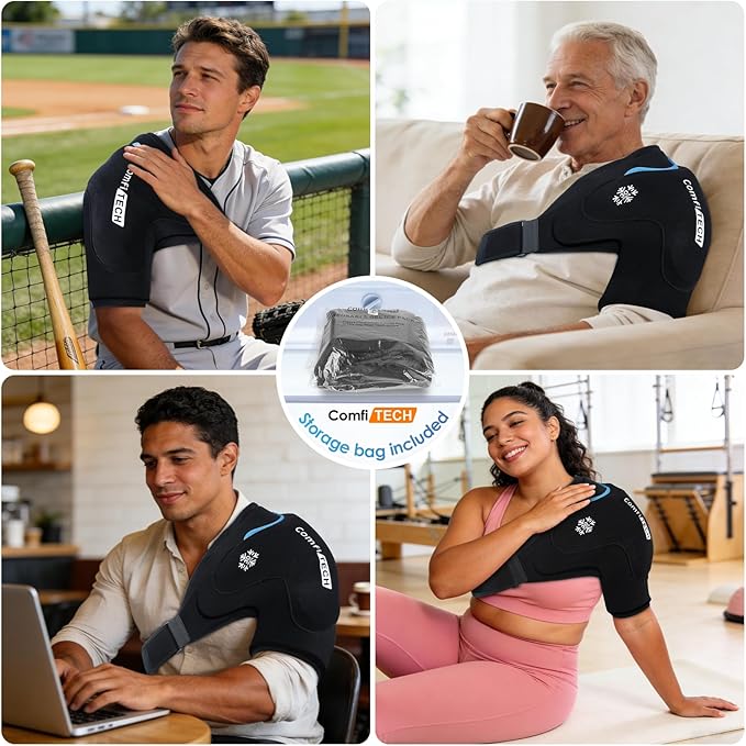 ComfiTECH Dual-Gel Shoulder Ice Pack Wrap with Extended 30-Minute Cooling for Rotator Cuff & Arm, Flexible Cold Compression Sleeve Shoulder Brace for Post-Workout, Discomfort, Muscle Relaxation, L