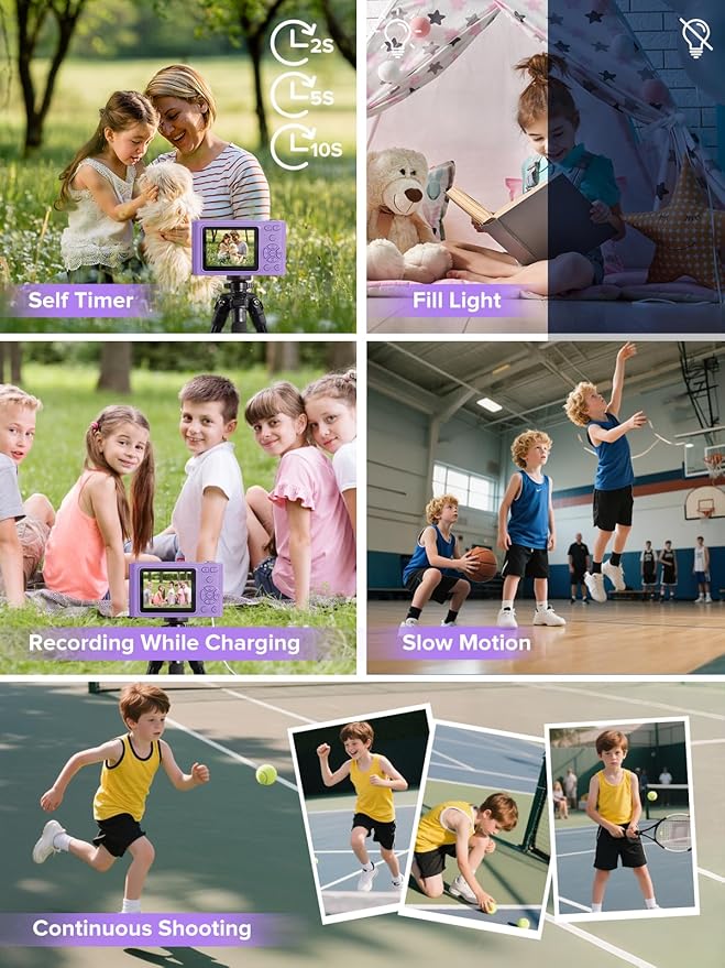 Digital Camera, Kids Camera1080P, Vlog Camera with 64GB Card, 16X Zoom Anti Shake, Card Reader, 44MP Compact Portable Small Point Shoot Digicam Gift for Kid Student Children Teen Girl Boy(Pruple)