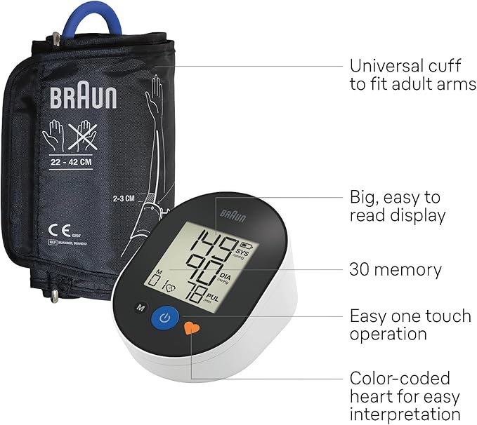 Braun ExactFit™ 2 Blood Pressure Monitors for Home Use - Accurate Blood Pressure Machine, Color-Coded Results, Large Display BP Monitor, Universal Upper Arm BP Cuff, 30 Memory Slots