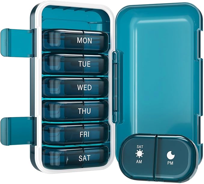 Vikie Weekly Pill Organizer 2 Times a Day with AM PM Sections, BPA-Free, Portable & Moisture-Proof for Pills, Vitamins, Supplements (2x7 Blue)