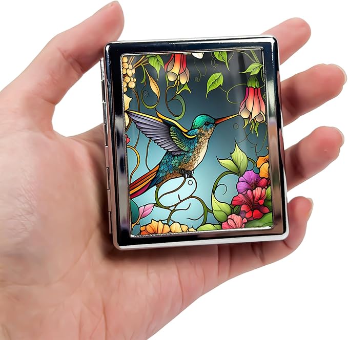 Travel Pill Organizer Small Pill Case for Purse Essentials 7 Days Cute Pill Box with Mirror Portable Pill Box for Pocket or Purse Pill Containe Travel Gifts (Stained Glass Hummingbird)