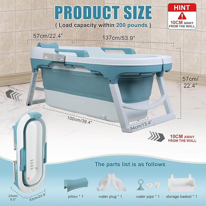 51" Portable Bathtub for Adult,Foldable Tub with Handle,Ergonomic Headrest,Soaking Tub,No Lid,Large Collapsible Bathtub for Shower Ice Bath,Hot Bath,Home Sauna, Sweat Steaming (Blue C, 141 cm)