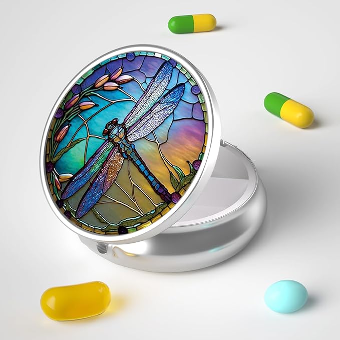 Pill Box, 3 Compartment Portable Travel Medicine Box with Mirror, Compact and Cute, Fits in Purse and Pocket, Medicine and Vitamin Organizer (Dragonfly)