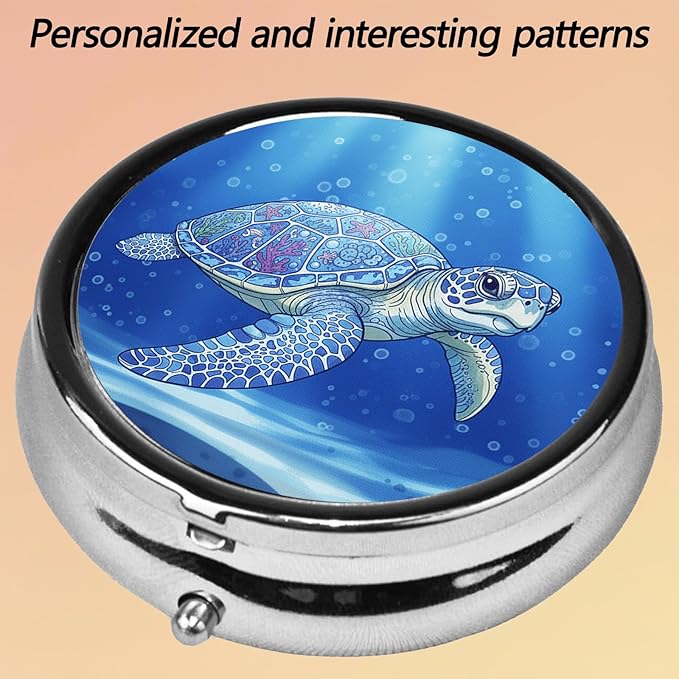 Round Pill Case Small Pill Box with Mirror Pocket 3 Compartment Vitamin Pill Medicine Case Organizer Pill Containers for Traveling Mandala Sea Turtle Two