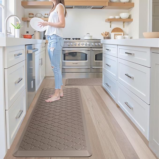 Kitchen Mats for Floor 2 Piece - Anti Fatigue Mats for Kitchen Floor - Non Slip Cushioned Rugs for Standing, Office,Sink, Laundry, Khaki