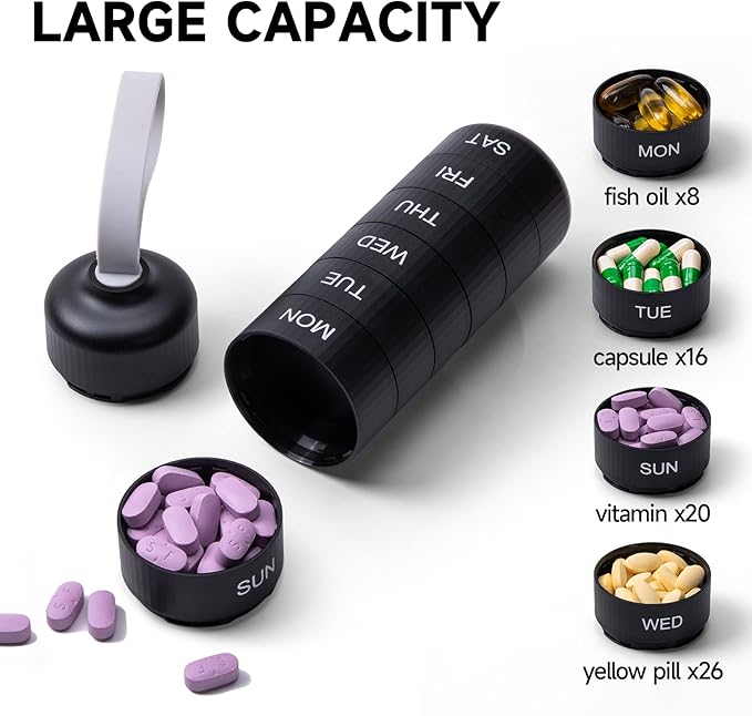 Betife Cute Pill Organizer, Cute Weekly Pill Box for Travel, Cute Daily Pill Case 7 Day, with 7 Large Stackable Compartments, Sturdy ABS Pill Holder for Vitamin Supplement Medicine (Black)