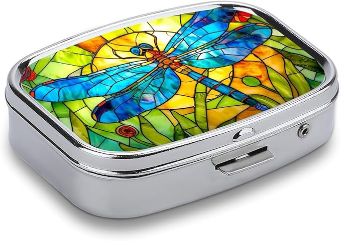 Blue Dragonfly Pill Box 2 Compartment Flora and Fauna Stained Glass Portable Medicine Pill Case Travel Pill Organizer for Pocket Purse