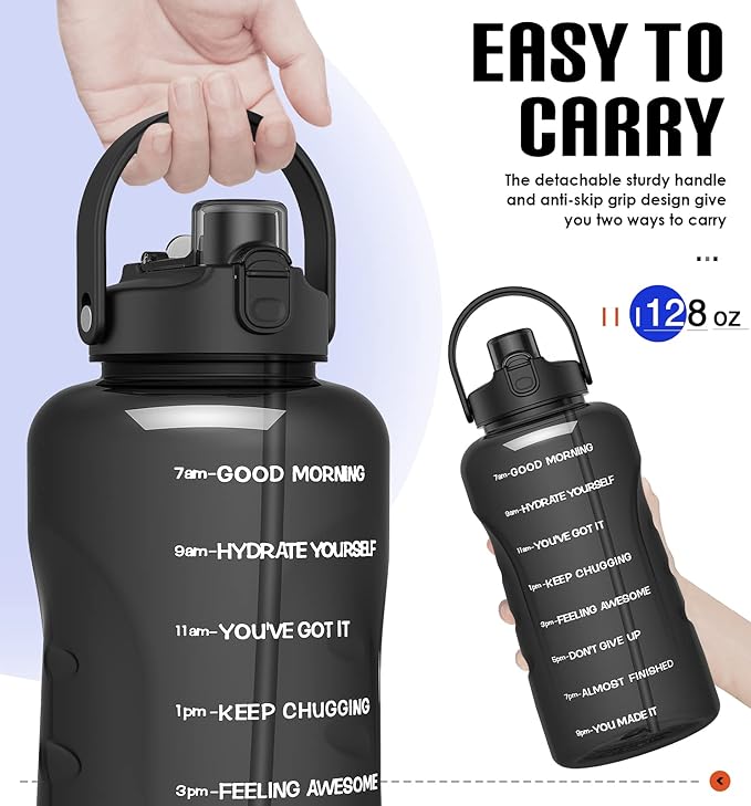 HydroPal 1 Gallon Water Bottles with Straw, 128 oz Water Bottle BPA Free Innovative 2-IN-1 Lid Gym Bottle with Times to Drink Motivational, Large for Sports Fitness Camping Water Jug （13.8X5.5 inch）