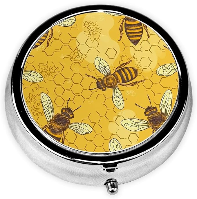 Honeybee Yellow Print Pill Box 3 Compartment Small Pill Case Portable Pill Box for Pocket Or Purse Cute Medicine Organizer Holder to Hold Vitamins Medication