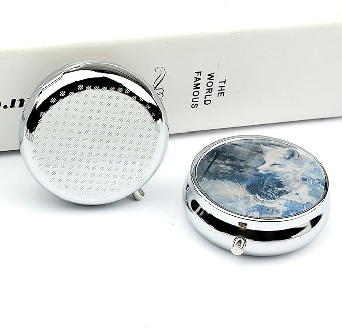 Anime White Fox Pill Box Travel Pill Case for Purse Pocket Weekly Medicine Organizer with Mirror 3 Compartment Round Medicine Case Portable PillcaseHolder for Daily
