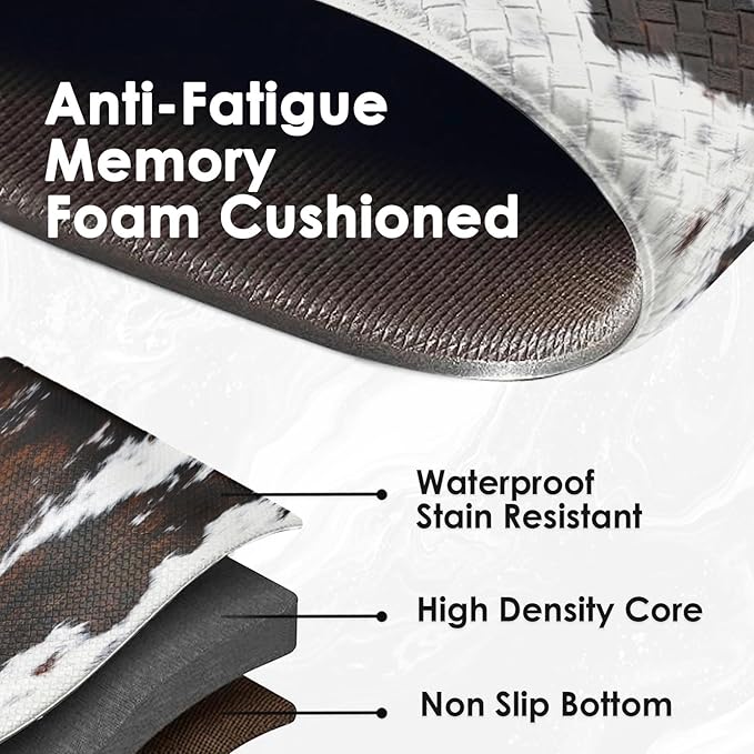 Arttown Brown Anti-Fatigue Kitchen Rug Set of 2 Cow Bull Farm Cushioned Floor Standing Mat Waterproof Non-Slip Mat and PVC Ergonomic Comfort Foam Rug