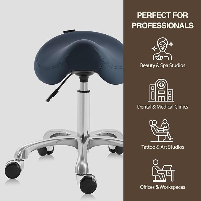 Haku 506 Series Ergonomic Saddle Stool, Adjustable Pneumatic Swivel Rolling Stool with Wheels for Salon, Medical, Spa, Tattoo, Home and Office, Queen Blue
