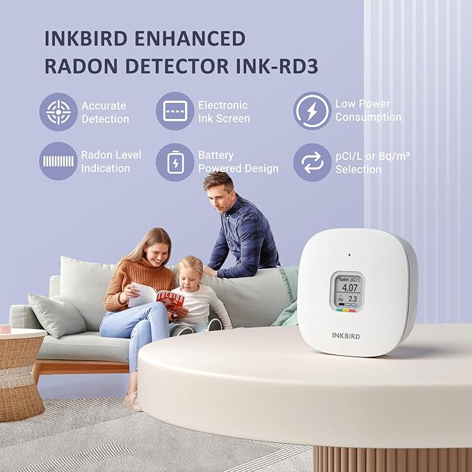 INKBIRD Radon Detector for Home, Ink-RD3 Portable Radon Tester for Home with Long & Short Term Monitoring, E-Ink Display & 2-Year Battery, Alpha Spectrometer Sensor, PCi/L & Bq/m³ Units Switchable
