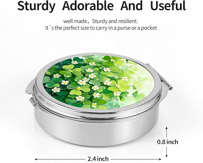 Dynippy Pill Case Pill Box with Mirror Pocket 3 Compartment Medicine Case Vitamin Pill Organizer for Pocket Purse and Travel (Round, Silver-Lucky Shamrocks)