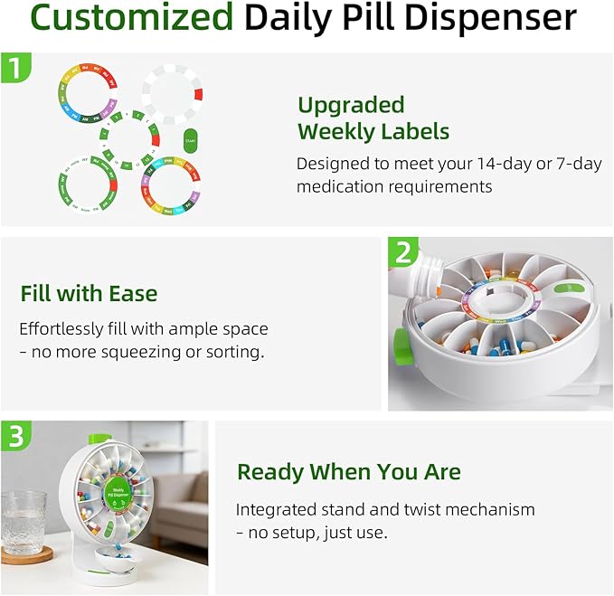 Weekly Pill Dispenser, 14 Compartment Pill Organizer with One-Press Button, Wall Mount or Countertop Medicine Dispenser with Cup, Easy Medication & Vitamin Organizer for Seniors (Green)