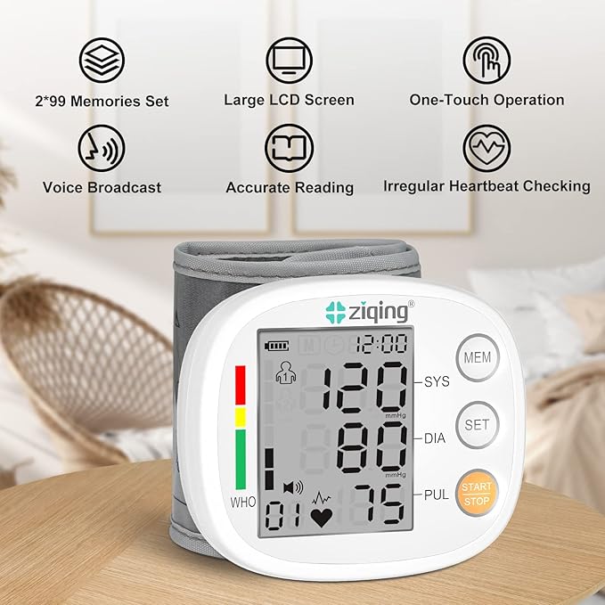 Wrist Blood Pressure Monitor, Rechargeable Bp Cuff Wrist & Accurate 2x99 Data Large LCD Screen Display for Home/Trave/Office Use