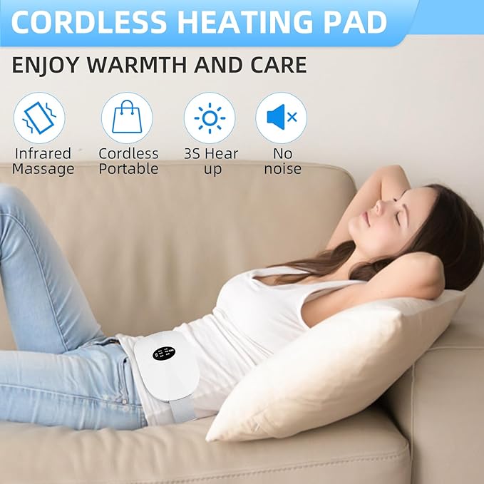 Protable Heating Pad for Period Cramps,Cordless Menstrual Heating Pad with 3 Heat Levels and 3 Vibration Massage Modes, for Period Pain,Best Gifts for Her, Women and Girl (White)