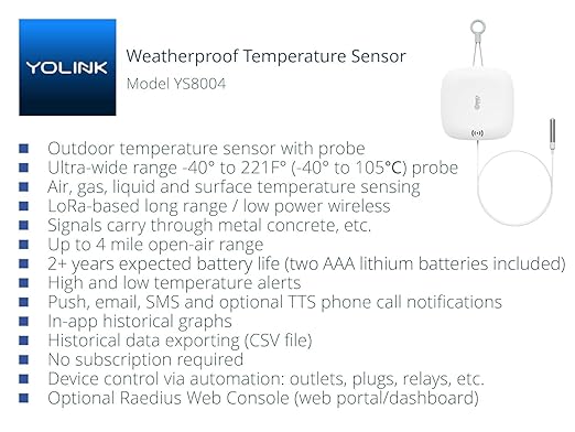 YoLink Weatherproof Fluid, Air, Surface Extreme High/Low Temperature Sensor with Probe, 1/4 Mile Long Range, YoLink Hub Required