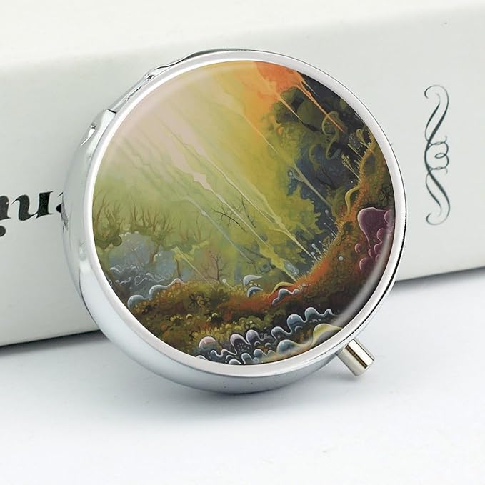 Artwork Pill Box 3 Compartment Small Pill Case Portable Pill Box for Pocket Or Purse Round Metal Pill Box Cute Medicine Organizer Holder to Hold Vitamins Medication