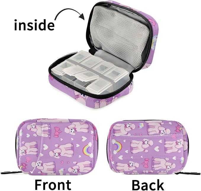 Purple Cute Poodles Hearts Rainbows Ribbons Travel Pill Organizer Case Box Container Weekly Portable Vitamin Medicine Holder Storage Bag with Zipper Removable
