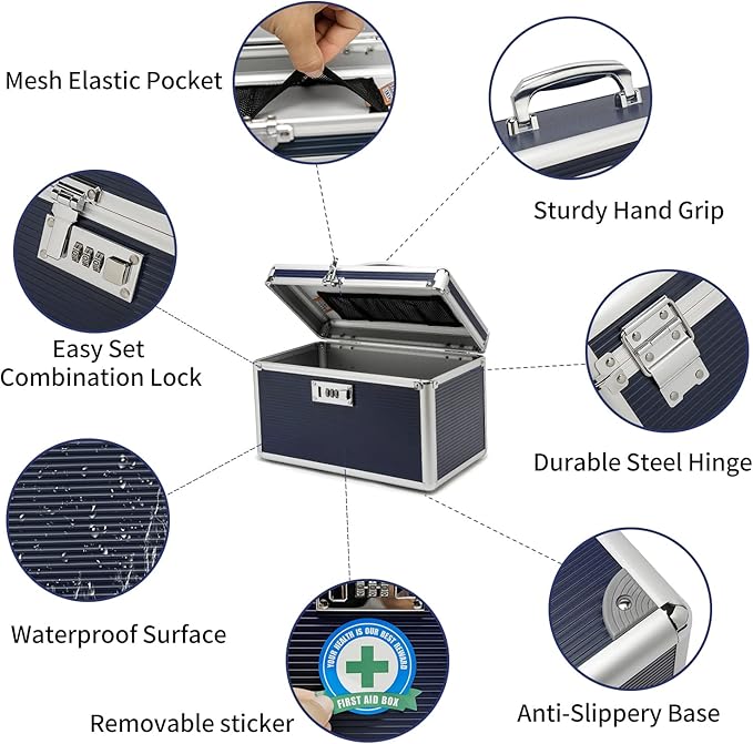 Lockable Medication Box with Portable Storage Case, 12.2 x 7.2 x 7.6 Inch, Childproof Medicine Organizer with Combination Lock, Locking Box for Money, Documents & Meds (Blue/Medium)