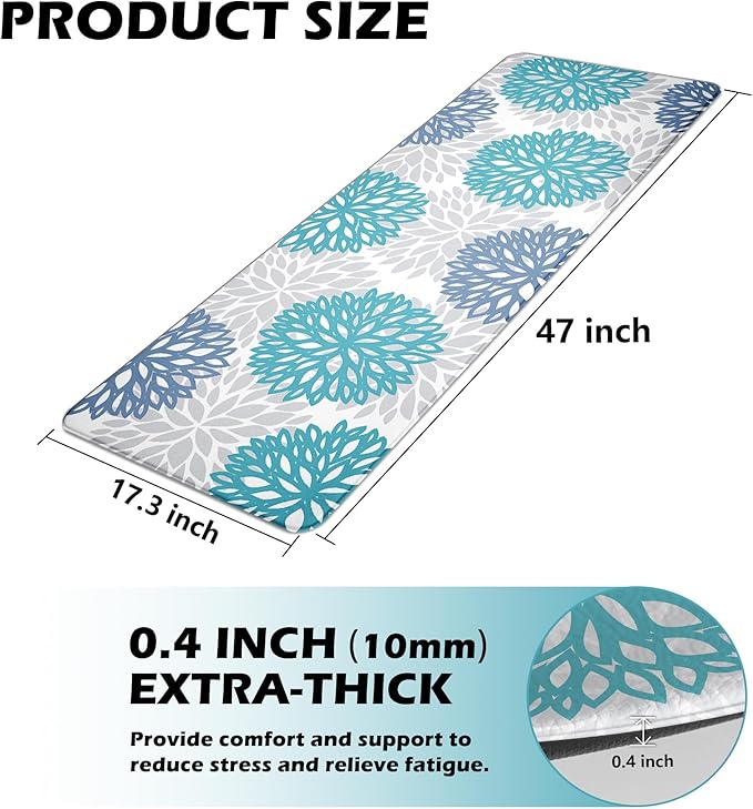 Anti Fatigue Kitchen Runner Rug Mat, Cushioned Memory Foam Non Slip Waterproof Kitchen Mat for Floor, Comfort Floral Standing Desk Mat for Sink, Laundry, Office, 17.3"x47"
