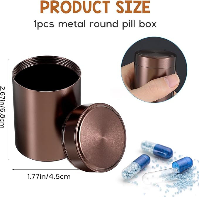 Portable Metal Small Pill Case, Round Aluminium Alloy Pill Holder Pocket Small Pill Box Waterproof Medicine Organizer Bottle Container for Travel Outdoor Vitamin Fish Oils (Brown)