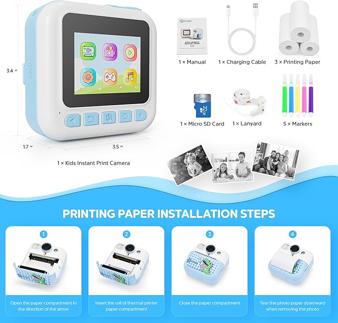 Contixo KC4 Kids Camera Instant Print, Blue 2.4” Screen Children Digital Printing Cameras with 1080P Video, 16X Zoom, 32GB Storage, Toddler Portable Travel Toys for Age 3 Years Up Girls Boys
