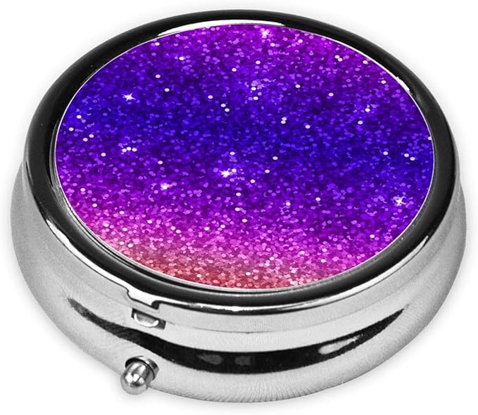 Beautiful Purple Glitter Sparkles Pattern Custom Round Silver Pill Box Pocket Medicine Tablet Holder Organizer Case for Purse