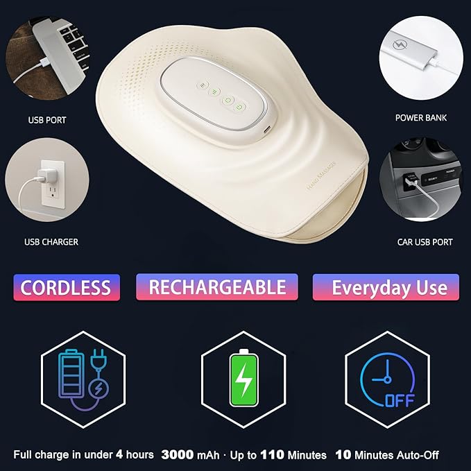 Electric Hand & Wrist Massager with Heat and Compression for Tired & Stiff Hands, 3 Massage Modes & Intensities, 3000mAh Rechargeable Cordless, 10-Min Timer for Home Relaxation (White)