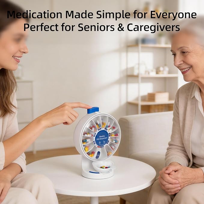 JULOS 14 Days Pill Organizer with Wall-Mounted or Standing Use for Elderly, Daily Large Pill Box with Easy Press Button, Pill Organizer for Medicine, Vitamin or Supplements, Blue