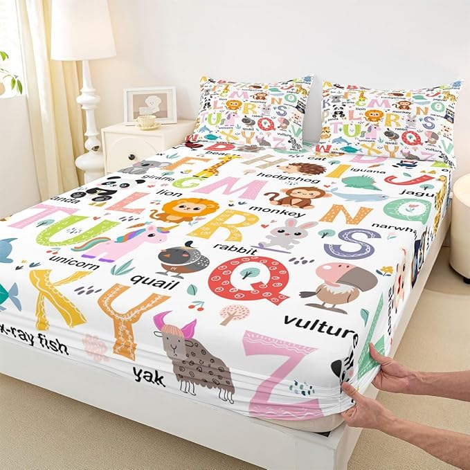 ABC Alphabet Bedding Set Queen Size for Boys Girls, Cartoon Animal Bed Sheet Set Cute Educational Learning Tool Fitted Sheet Learning Educational Bed Cover (2 Pillow Cases and a Fitted Sheet)