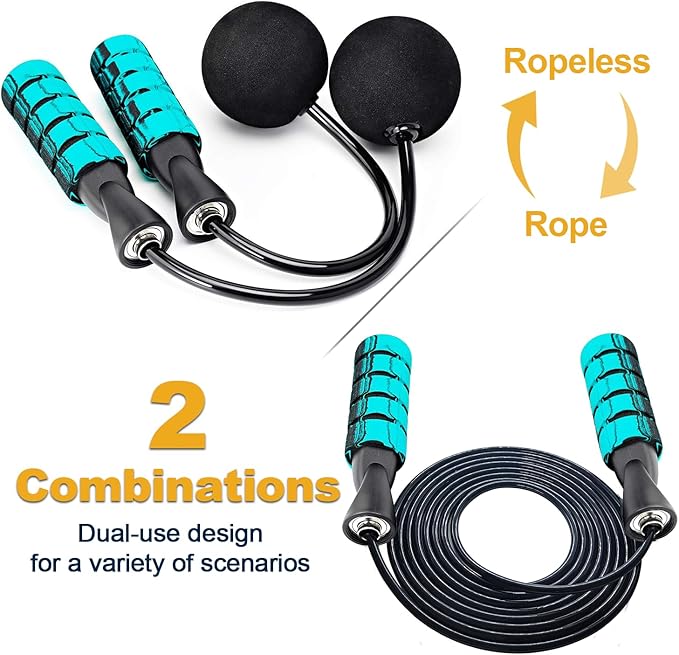 2 in 1 Jump Rope for Women Men and Kids - Tangle-Free Cordless Skipping Jump Rope with Ball Bearings and Foam Handles for Rapid Speed Fitness Workouts