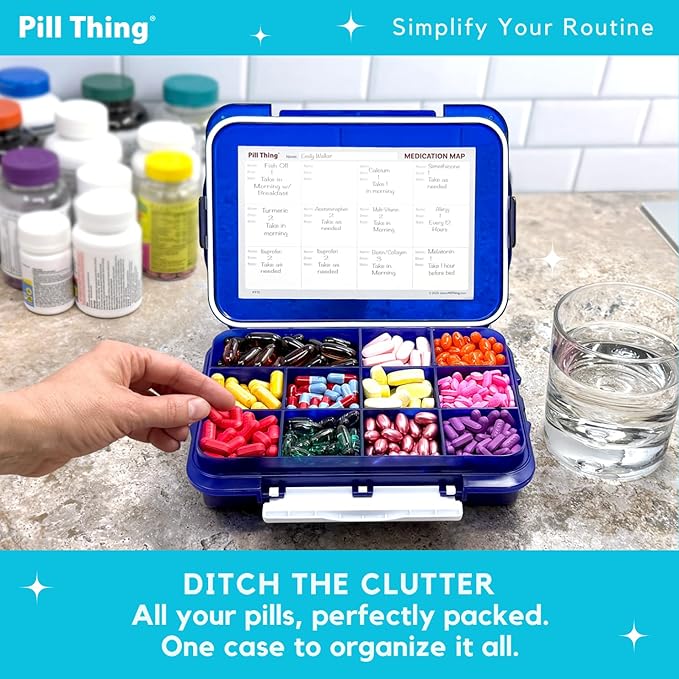 2-Pack Large Pill Organizer – Black + Blue | 12-Compartment Weekly Pill Box Case with Removable Dividers, Waterproof, Travel-Friendly (Combo Pack - 1 Black & 1 Blue)